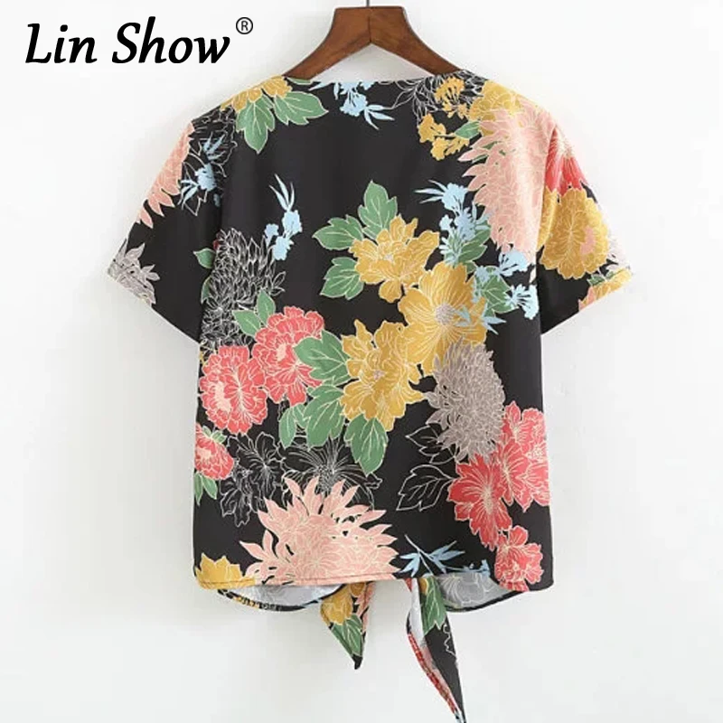 Linshow цветочный с цветочным принтом Футболка Для женщин короткий рукав