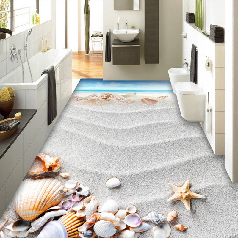 

PVC Self Adhesive Waterproof 3D Floor Tiles Wallpaper Modern Beach Shell Photo Mural Bathroom Living Room Wall Paper Sticker 3 D