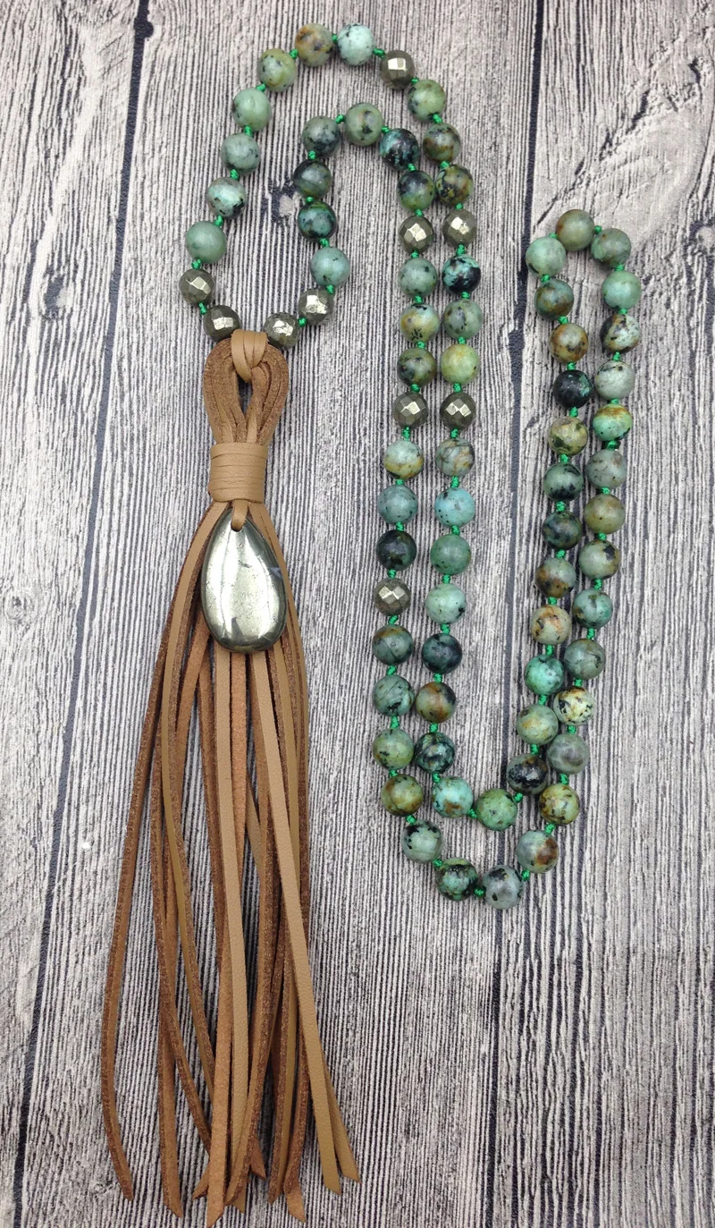 YA2528 натуральная КАПЛЕВИДНАЯ Подвеска из пирита кожаная кисточка каменные бусины