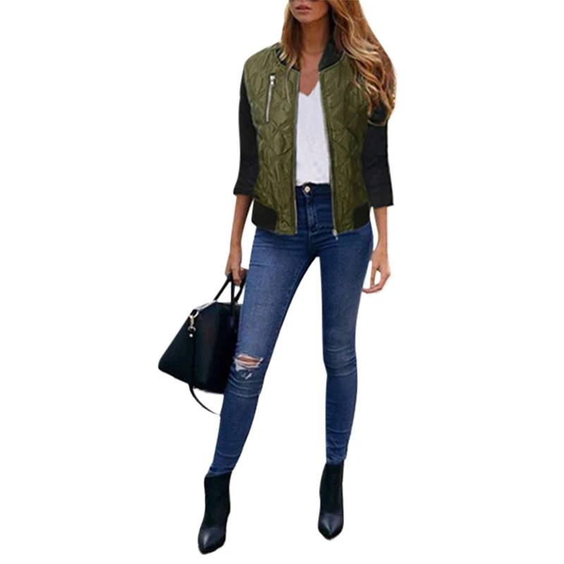 

Women's Long Sleeve Solid Jacket Ladies Zipper Biker Bomber Jacket Coat Outwear