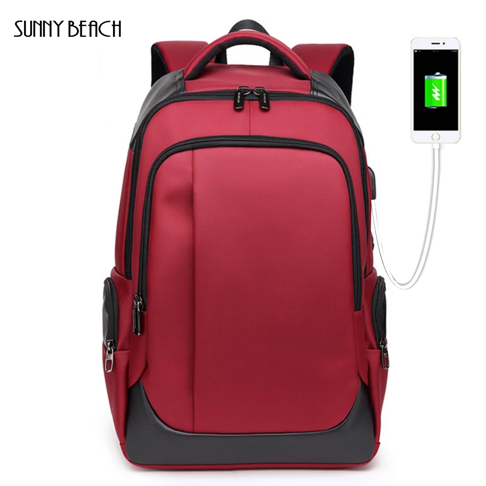 Мужской деловой рюкзак с USB зарядкой черный красный или синий водонепроницаемый