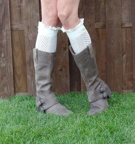 2016 Трикотажные Кнопка Кружева Гетры Женщин Мода Манжеты Ног Загрузки Носки