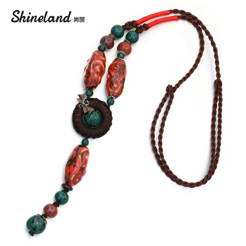 Shineland Unique Vintage Ethnic Jewelry Women's Long Hand Made Rope Chain Irregular Ceramic Statement Necklace Collier Femme | Украшения