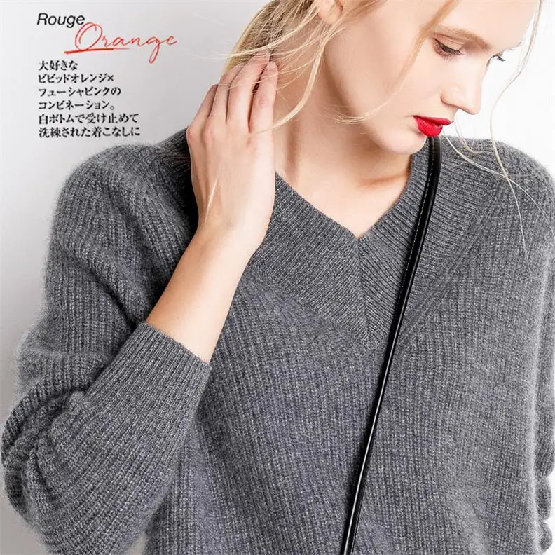 Серый 19New Модный женский свитер с v-образным вырезом, вязаный пуловер, женский свободный кашемировый свитер, женские свитера, Зимний пуловер, женский тренд - Цвет: Серый