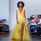 Женское вечернее платье с высоким разрезом, желтое дизайнерское платье с v-образным вырезом и жемчужинами, длинное Дешевое платье на молнии для официальных мероприятий