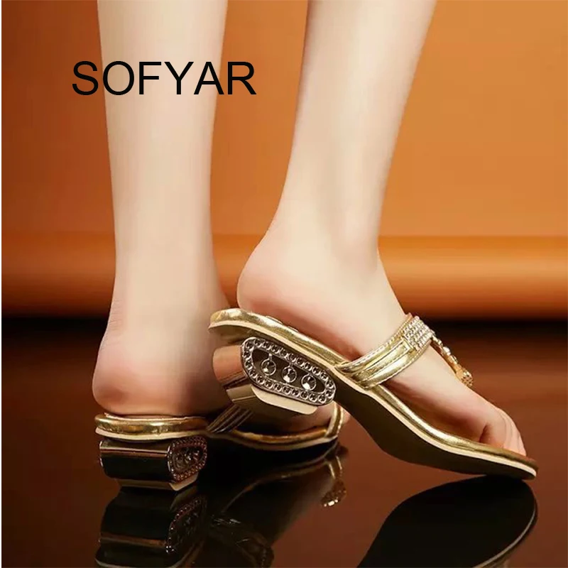 Сезон лето осень Вьетнамки с кристаллами на среднем каблуке ажурные шлепанцы