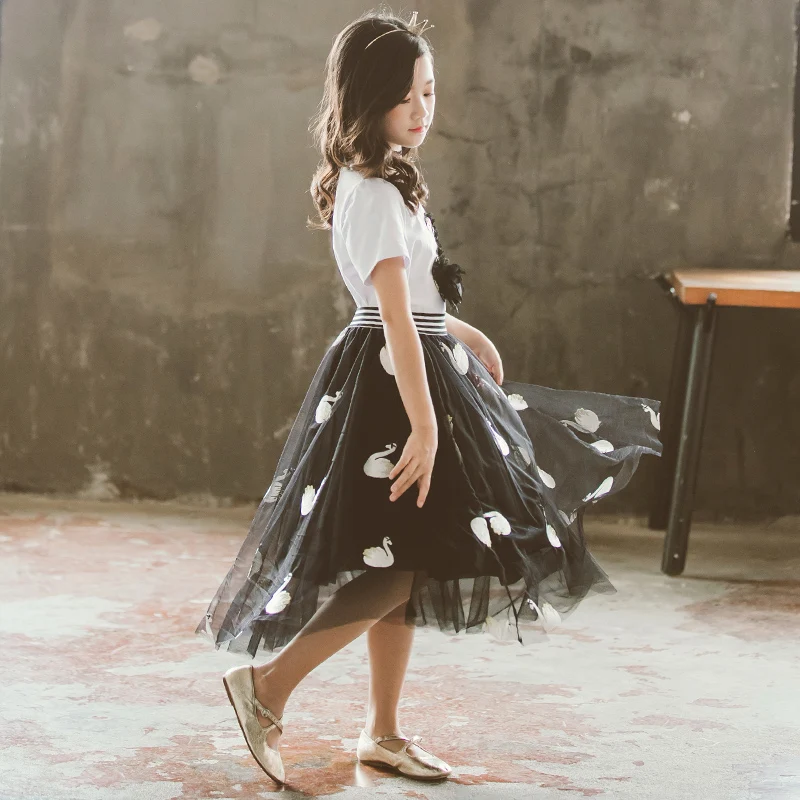 Юбка с вышивкой в виде лебедя для девочек 10-12 лет комплекты из 2 предметов белый