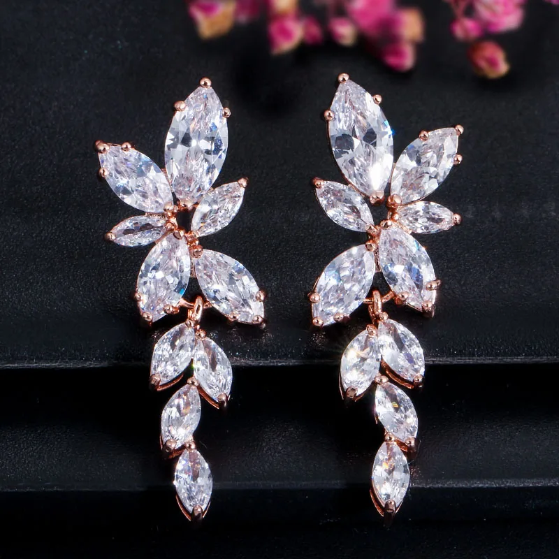 rose gold CWWZircons маркиза срезанный кластер цветок циркония Кристалл Висячие серьги блестящий лист Свадебные ювелирные изделия для женщин CZ438 - Окраска металла: rose gold