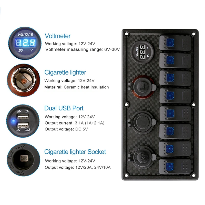 12V 24V USB прикуриватель напряжение рокер 8 Gang переключатель Панель синий светодиод