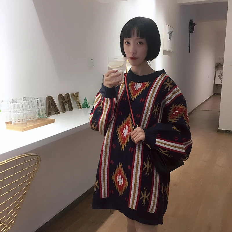 Autumn winter sweater women 2020 New Retro national wind Thicken Loose BF Long Knit pullovers Long-sleeve Female WYT612 | Женская одежда