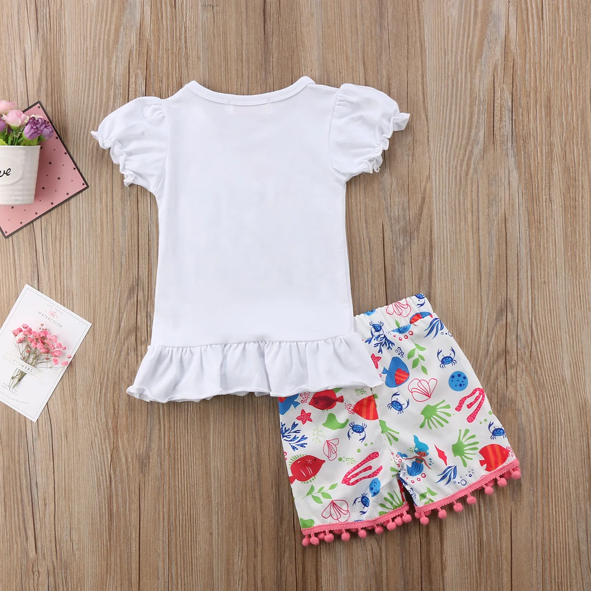 2018 Newborn Baby Kids Girls Cotton Ruffle T-shirt Tops+Mermaid Tassels Shorts Outfits Clothing Set | Детская одежда и обувь