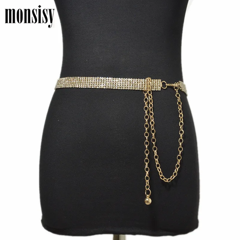 Monsisy 2019 Женские Блестящие ремни на талию с цепочкой кристаллами стразы пояс