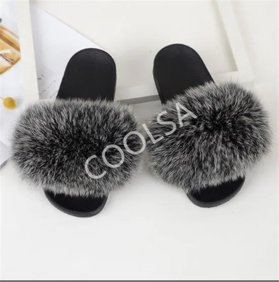 Women's Summer Fur Slippers Indoor Warm Fluffy Plush Home Shoes Woman Real Fox Hair Fur Slides Furry Sandals Female Flip Flops - Color: As shown