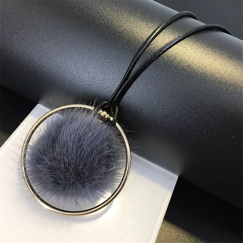 POPLO High Quality Fashion Mink Fur Ball Metal Round Necklaces For Women Vintage Statement Necklace Sweater Chain Winter Jewelry | Украшения