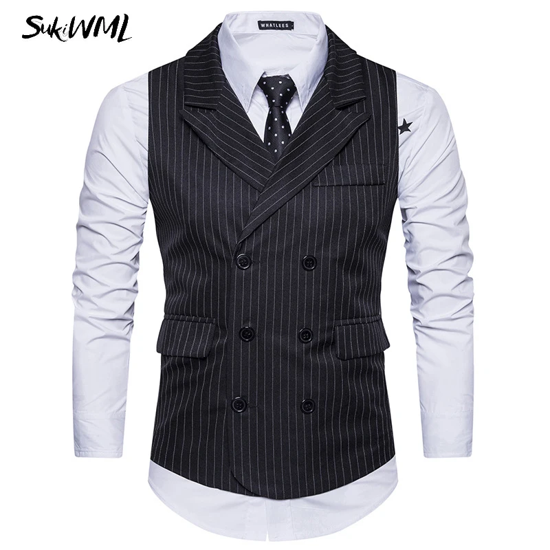 Sukiwml Новинка года газа костюм жилет Для мужчин Slim Fit Homme жилет de костюм Повседневное Для мужчин S двубортный жилет свадебные Для мужчин S костюм жилет
