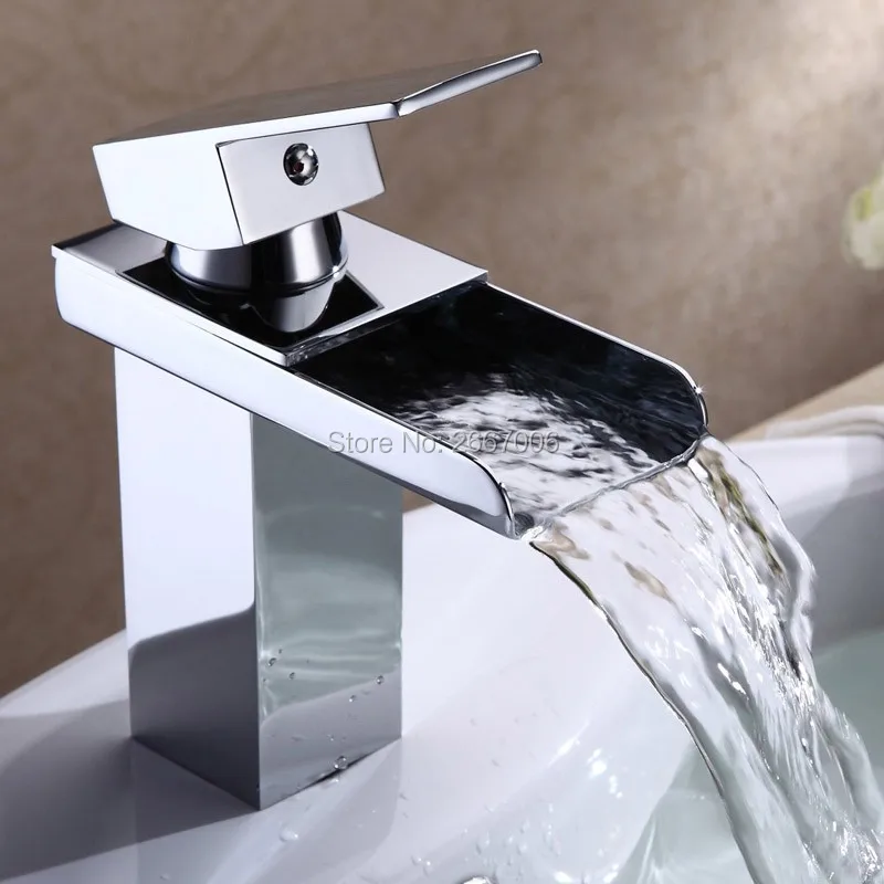 

Free shipping Modern Waterfall Bathroom Faucet Brass Tap Chrome Finish Basin Faucet Wide Spout Water Faucet Sanitary Ware ZR621