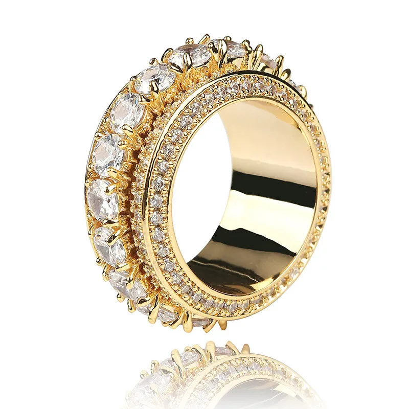 gold color Счастливый сынок цвета: золотистый, серебристый Цвет Косынка Для мужчин, кольцо, кольцо из нержавеющей стали 5 рядов кубического циркония со льдом Поворотный кольцо в стиле «хип-хоп» Для мужчин, ювелирное изделие - Цвет основного камня: gold color