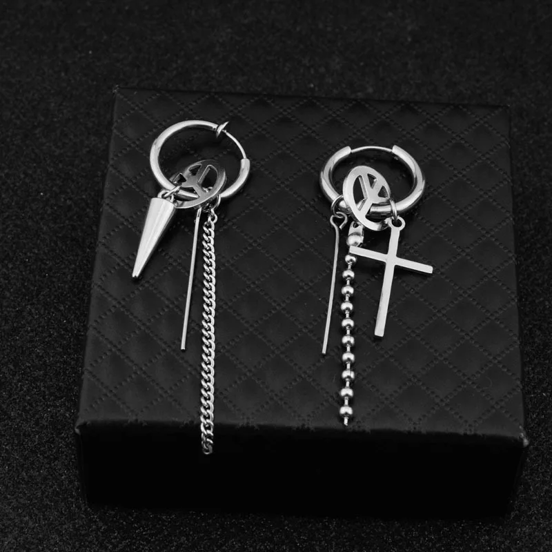 LEADERBEADS мужской Корейский серебряный крест из нержавеющей стали анти войны Kpop серьги клип на длинной кисточкой серьги для мальчиков Аксессуары в стиле панк