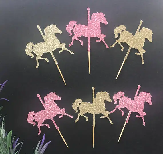 

Glitter Horse Carousel birthday cupcake toppers baby shower baptism Christening party decoration doughnut food picks