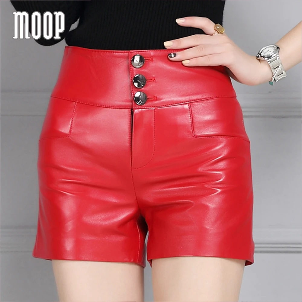 Black red genuine leather shorts women crop tops lambskin slim highwaist hot shorts button decor bottom bermuda feminina LT1286