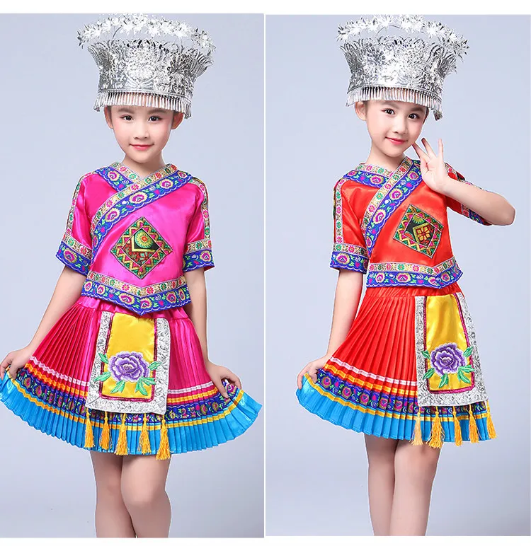 Китайский народный танец костюм детский Hmong китайский национальный танец костюм девушки Miao танцевальный костюм для сценических выступлений