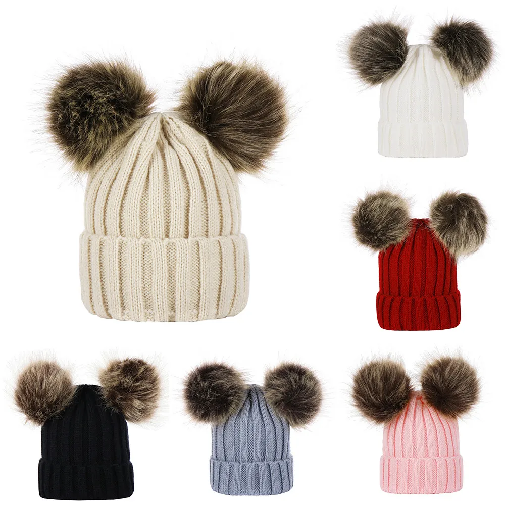 Зимняя детская теплая зимняя меховой вязаный шарик Шерстяная кепка шляпа для