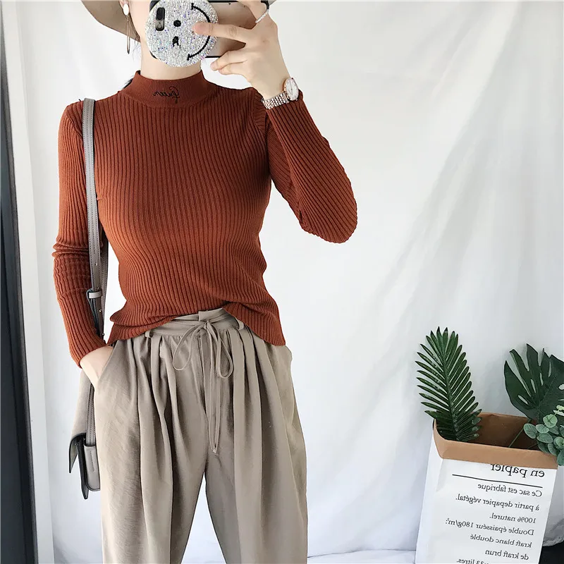 Водолазка с Вышивкой Букв женские свитера и пуловеры Осень-зима 2020 однотонный