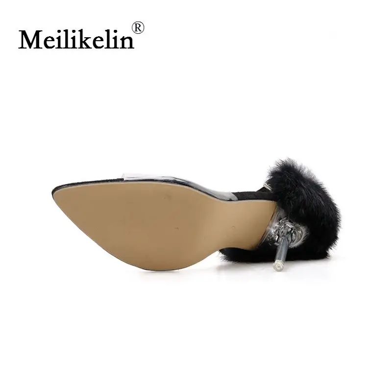2019 women’s shoes summer sandals Fluffy pointed peep toe Crystal clear stilettos high-heels shoe Rabbit Fur Feather woman | Обувь