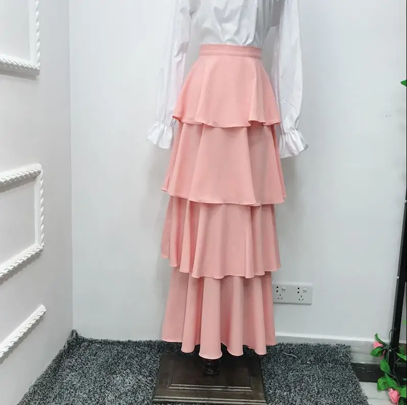 Pink Юбки с оборками Faldas Mujer Moda Весна абайя Дубай турецкий Длинные Макси Высокая талия юбка для женщин Jupe Longue пачка Femme s - Цвет: Pink