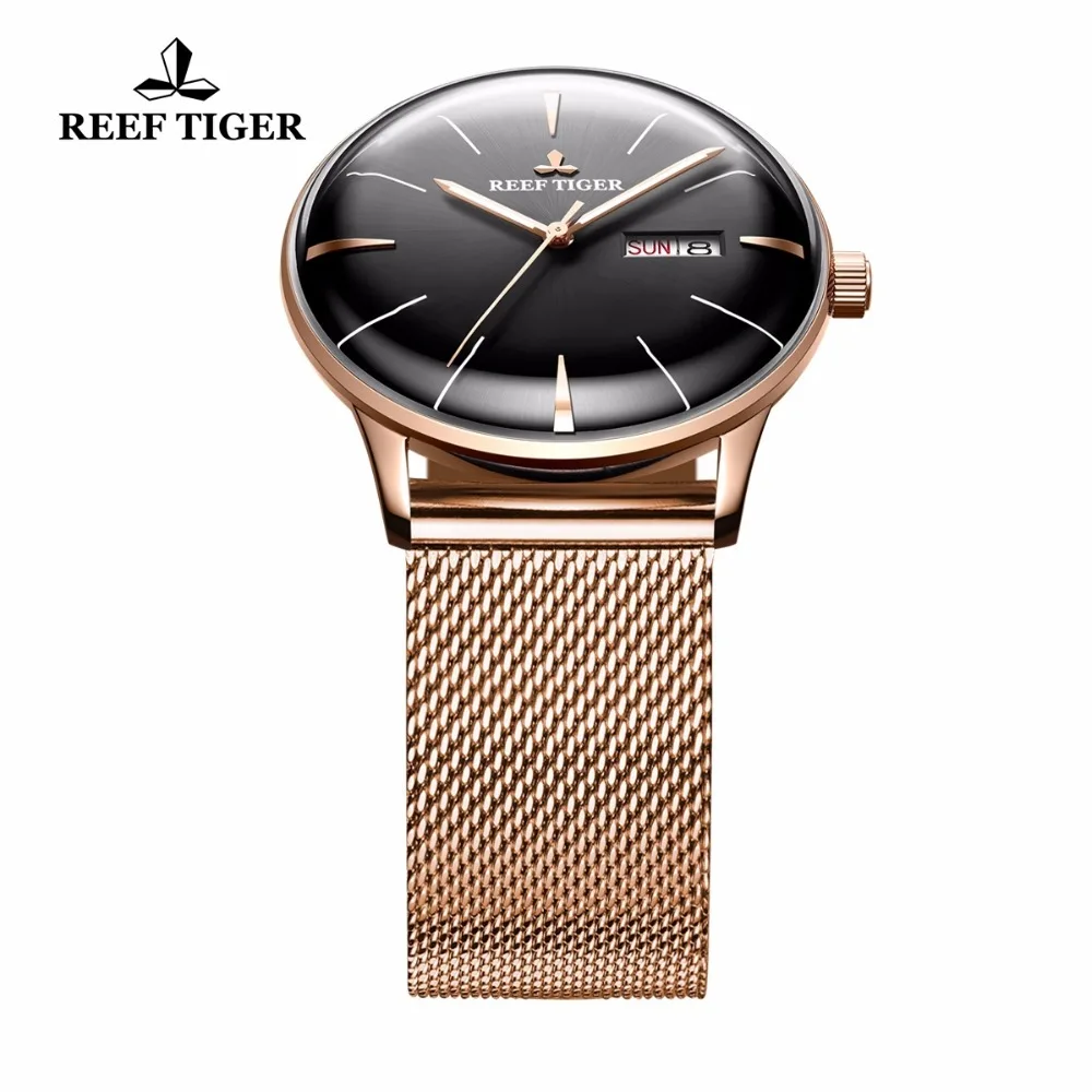 Мужские наручные часы Reef Tiger/RT роскошные цвета розового золота с выпуклой линзой