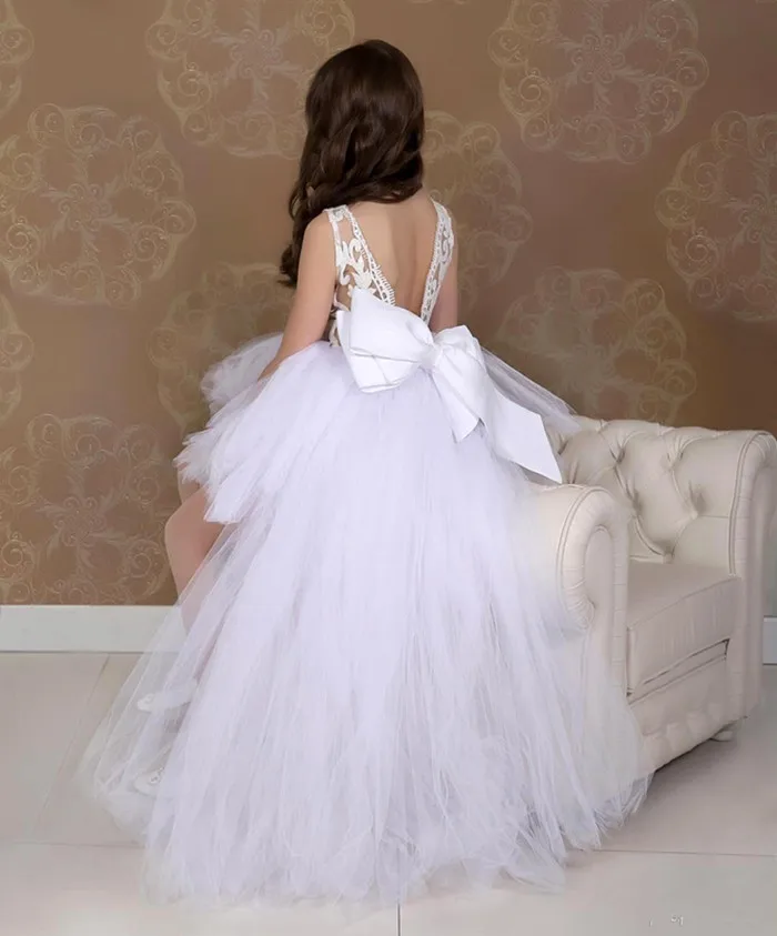 New 2019 High Low Tulle Satin Flower Girl Dress with Big bow Open Back Kids Prom Customized Girls Pageant Gowns | Детская одежда и