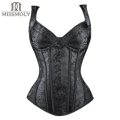 Черный Miss Moly готическое бюстье в стиле стимпанк корсет S-6XL для женщин парча кружево на молнии овербюст Топ для похудения баска талии тренер корсеты - Цвет: Черный