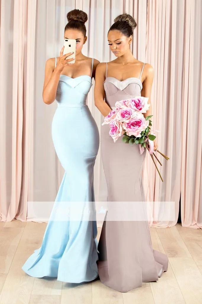 

Blue Cheap Bridesmaid Dresses Under 50 Mermaid Spaghetti Straps Long Wedding Party Dresses For Women