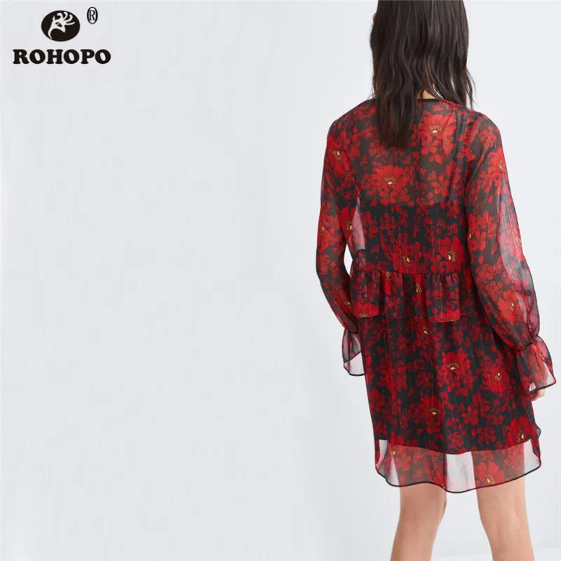 ROHOPO/осеннее Повседневное платье с длинными рукавами-фонариками драпированная