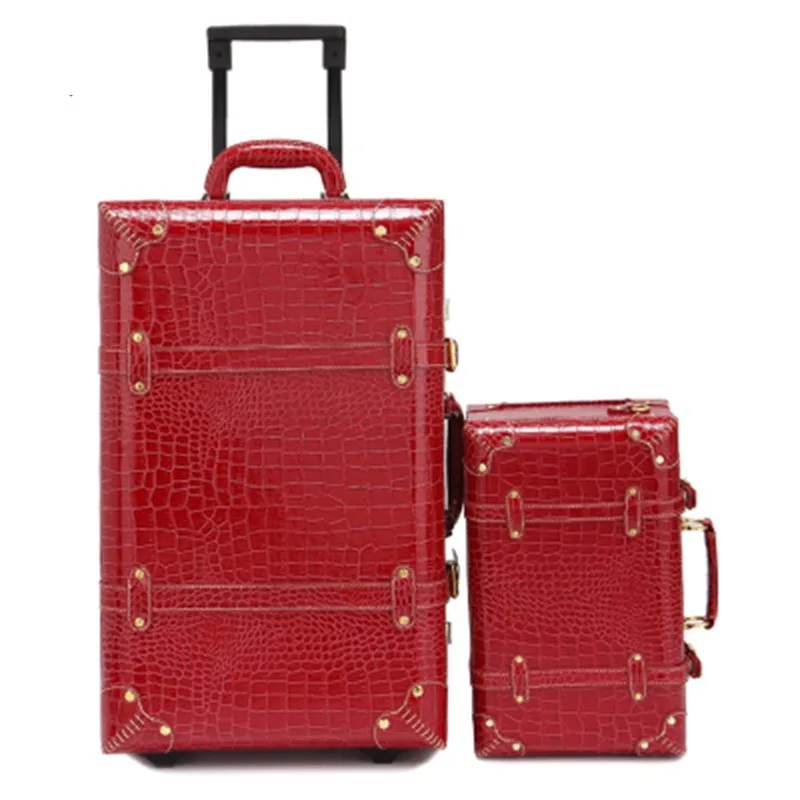 24 inch wine 2 wheel BeaSumore Ретро Крокодил из искусственной кожи сумки на колёсиках наборы Spinner Для женщин пароль чемодан колеса 20 дюймов кабина винтаж тележка - Цвет: 24 inch wine 2 wheel