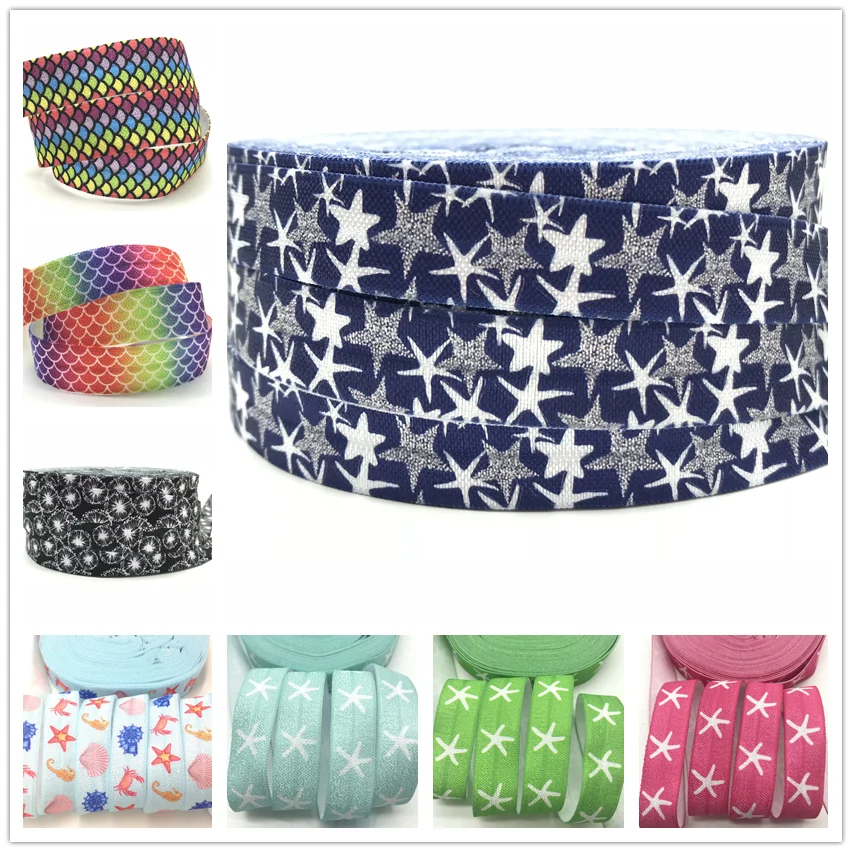 

10 yards/lot Jellyfish Fish Scales Printed Fold Over Elastic Ribbon Blue Sea Loin Crab Starfish FOE 16mm for Hair Tie Bracelet