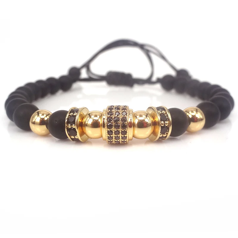 Мужские браслеты золотого цвета с микрозакрепкой черные бусины из фианита и