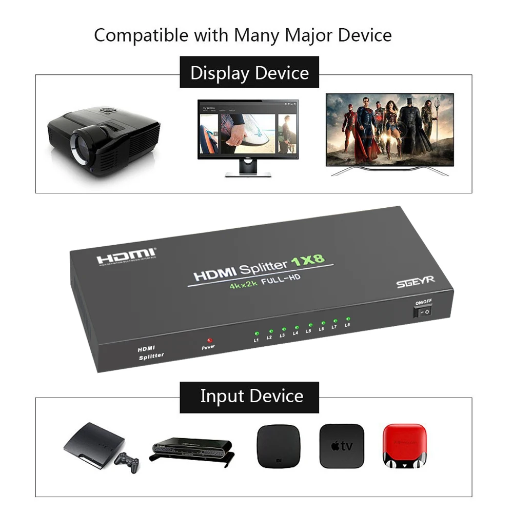 4K HDMI сплиттер 1 в 8 Выход SGEYR 1x8 1080P v1.4 портов с Full HD 4K/2K и 3D разрешением|hdmi splitter|4k hdmi