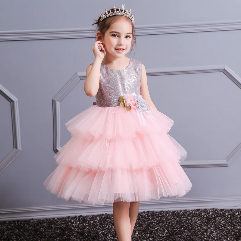 

Multi-layer Mesh Tutu Princess Dress Baby Girls Summer Dress Open Back Bow Sequined Show Flower Kids Girl Party Dress K1-1729