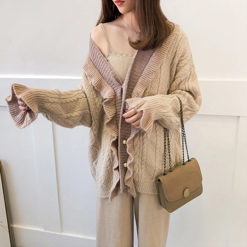 CHICEVER Korean Cardigan Sweater For Women V Neck Flare Sleeve Loose Ruffles Hit Color Sweaters Coats Female Fashion New Autumn |
