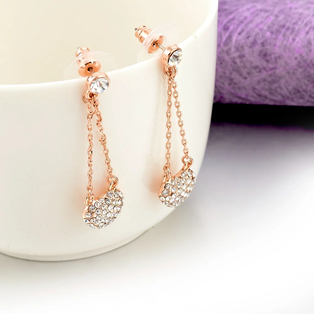 Длинные серьги с кристаллами в форме сердца розовое золото Новое поступление