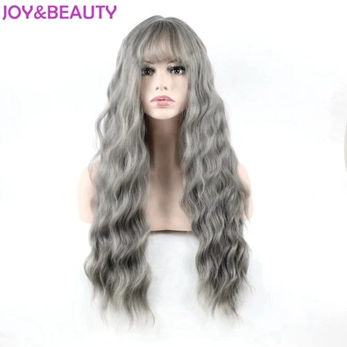 Серебристый серый JOY& BEAUTY ультра-тонкий челка длинный кудрявый парик синтетические парики серый черный розовый 26 дюймов высокая температура волокна женский парик - Цвет: Серебристый серый