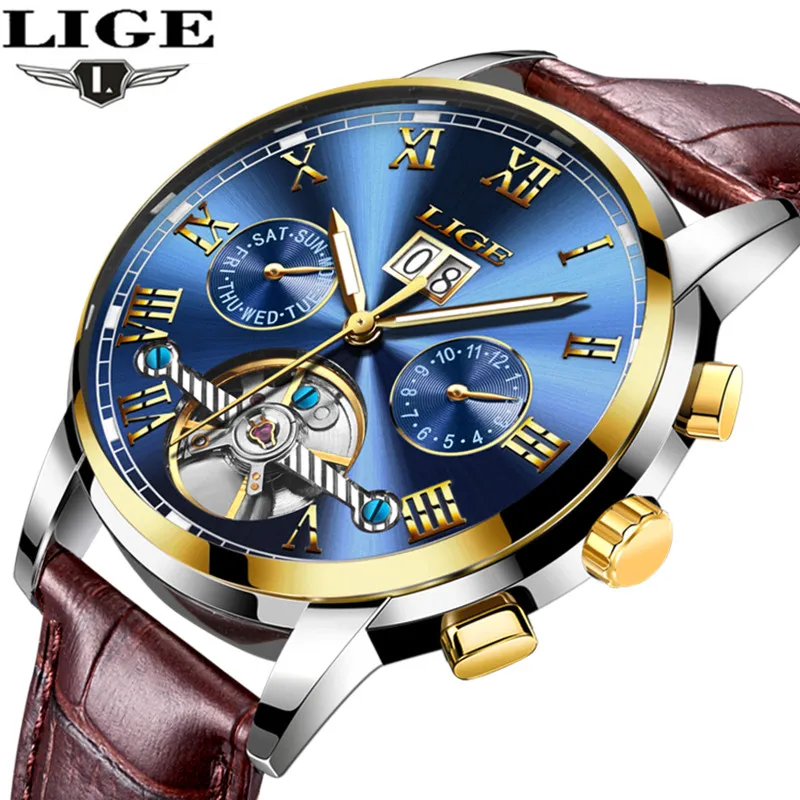 Lige Для мужчин S Часы лучший бренд класса люкс автоматические часы кожаный ремешок