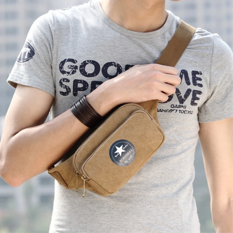 

XINCADA Summer Sunny Waist Bag Fanny Pack Travel Bag Belt Man Purse Small Canvas Bag Retro Fashion Star LOGO Blue Black