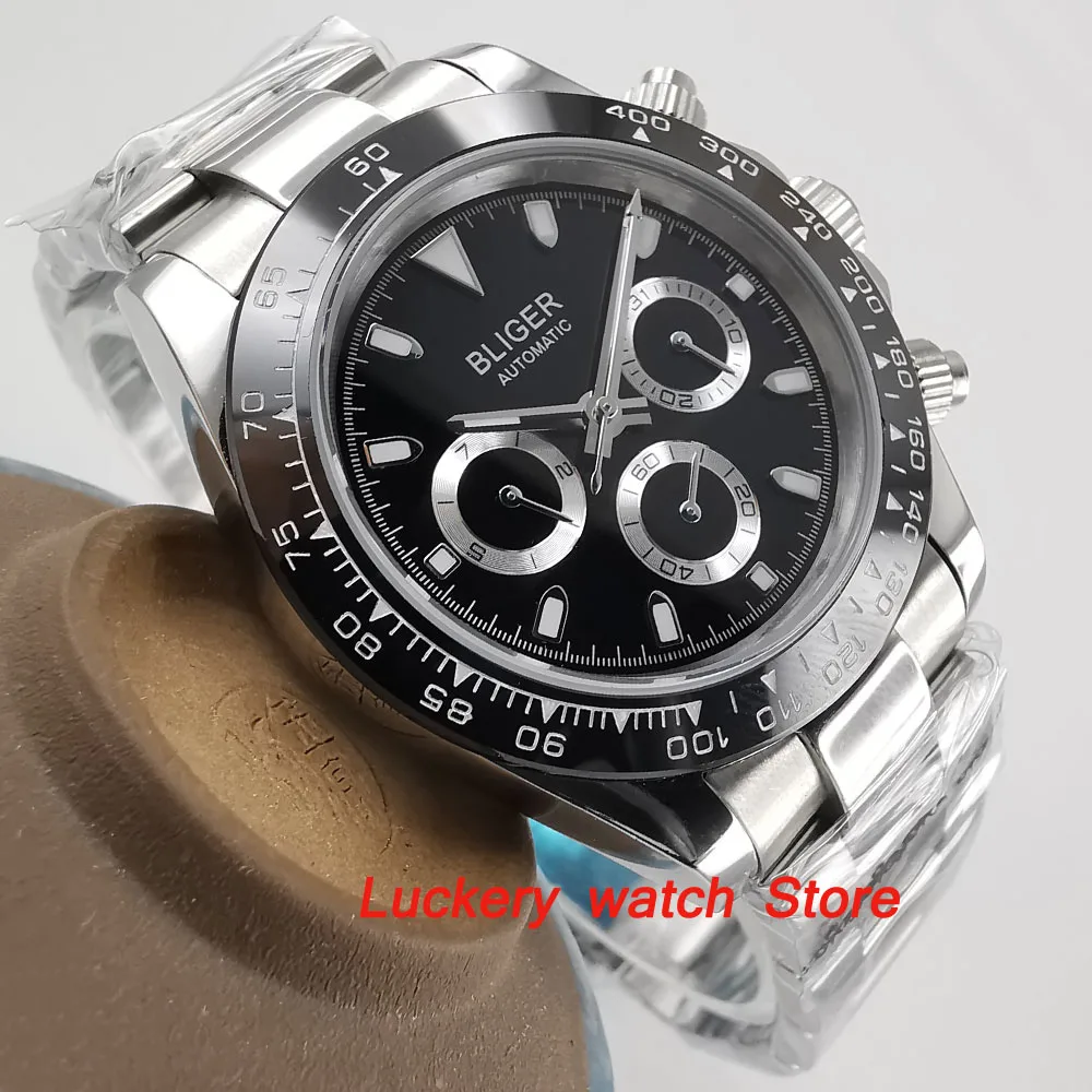 Мужские многофункциональные часы с черным циферблатом 39 мм|Мужские механические