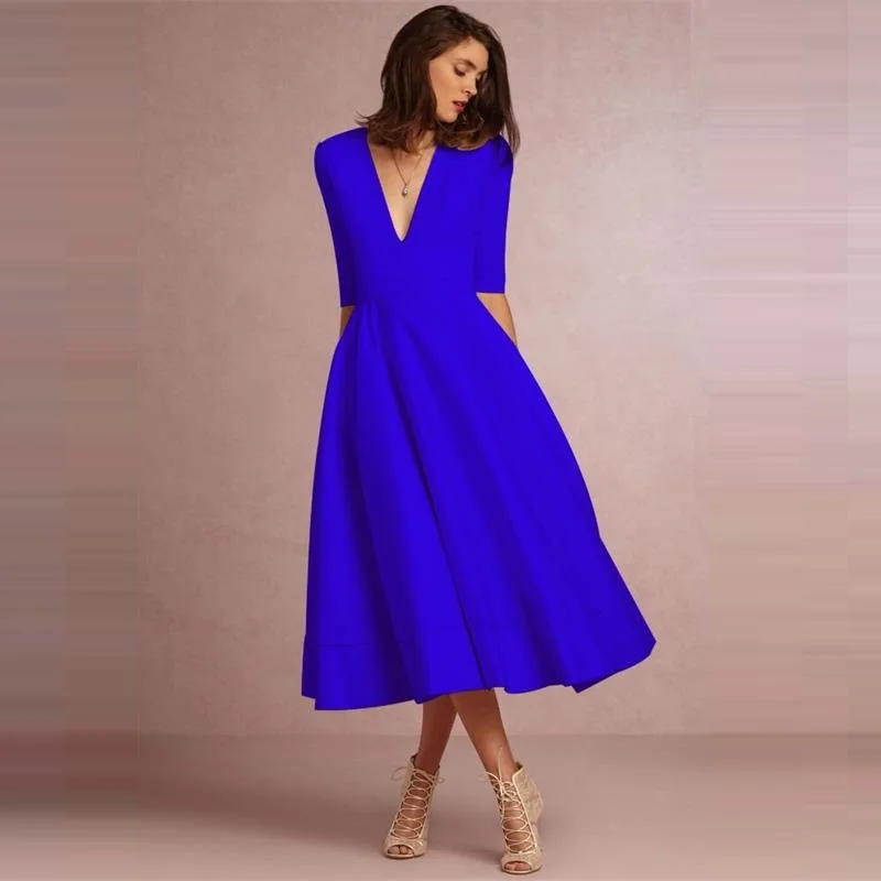 Blue Винтажное женское платье на весну и зиму, повседневное, размера плюс, элегантное, для вечеринок, женское сексуальное длинное белое платье с v-образным вырезом - Цвет: Blue