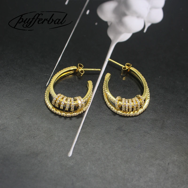 Double-Line Multi-Circle Smart Earrings Sparkling Micro-Inlaid Zircon Fashion Gold Color And Silver Jewelry ZK40 | Украшения и