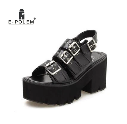 

Summer New Arrival Women's Black PU Leather Sandals Metal Buckle High Platform Shoes Casual Foot Wearing
