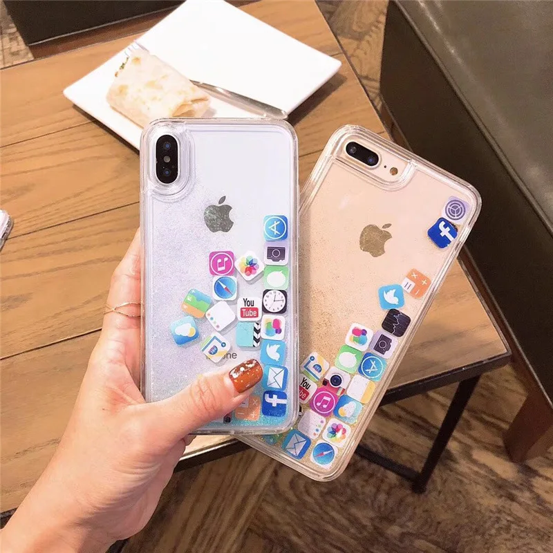 Flashing Dynamic Liquid Quicksand Back Case for iPhone X 8 7 6 6S Plus Transparent TPU Application Icons Phone Cute Cover |