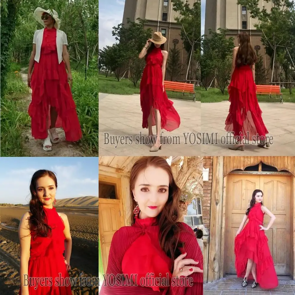 Летнее женское платье YOSIMI 2019 элегантное красное шифоновое винтажное длинное
